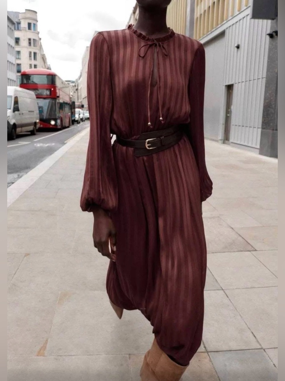 NEW Zara Burgundy Striped Long-Sleeve Midi Dress It has a minor flaw. Size XL